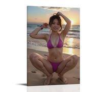 ZOZO HOUSE Girl in Red Bikini Squatting on The Beach Pintura 08 x 12 pulgadas (20 x 30 cm)