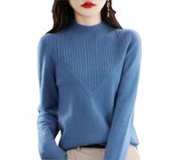 Zozogag Suéter De Lana 100% para Mujer, Jersey De Punto Sin Costuras con Cuello Medio Alto De Cachemira Y Patrón Hueco Haze Blue XL(62.5-67.5kg)