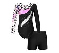 ZPFDSG Maillot Gimnasia Ritmica Kids Gymnastics Jumpsuit For Girls Long Sleeve Rhinestone Ballet Dance Leotards Dancewear Sets Teens Children's Skating Bodysuit(Leopard,8)
