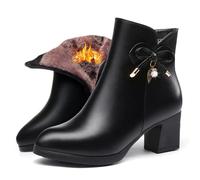 ZPLMIDE Botines de piel para mujer, con tacón de bloque medio, forro de piel cálida, con cremallera lateral, tacones gruesos, botas de nieve, botas de invierno con tacón de gatito con diamantes de