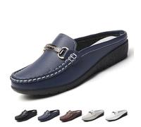 ZPLMIDE Mocasines de cuero para mujer, mocasines casuales sin espalda, mocasines planos sin cordones, cómodos zuecos para caminar, Blue, 34.5 EU