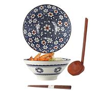 ZPPLD 1100ml Tazón Cerámica Ramen,Cuenco Japonés Cerámica Ramen,Ensaladera Cerámican,Ramen Bowl con cuchara Palillos,Tazones sopa Porcelana,Apto para lavavajillas y microondas (E)