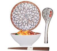 ZPPLD 8 Pulgadas Bol Grande para Ramen de Cerámica 1100 ml,Cuenco Japonés Cerámica Ramen,Cuchara y Palillos para Ramens,Fideos y Sopas,Apto para lavavajillas y microondas