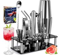 ZPQAODI Juego de 18 cocteleras de acero inoxidable, juego de cocteleras esenciales para fiestas, juego de coctelera profesional con soporte y libro de recetas, juego de mezcla de cócteles