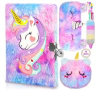 ZPQAODI Juego de 4 diarios de peluche de unicornio con cerradura, cuaderno Einhor, 160 páginas, cuaderno de doble cara, diario secreto con estrella unicornio, cartera, bolígrafo, estuche, regalos para