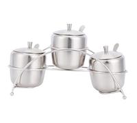 ZPurifylline Juego de ollas para condimentos de acero inoxidable 304, recipiente con estante de almacenamiento, caja de azúcar y sal para cocina, incluye 3 tapas y cucharas, a prueba de polvo,