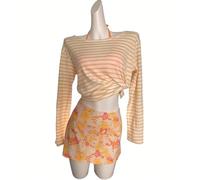 ZPVXRVQ Conjunto de Dos Piezas para Mujer, Top de Manga Larga Rayado, Falda con Estampado Floral(M)
