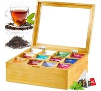 ZQEJEFD Caja de té de madera con 12 compartimentos, caja de té, caja de almacenamiento, caja de té con ventana, 28 x 22,5 x 9 cm, compartimentos flexibles ajustables, caja para bolsas de té para