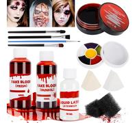ZQEJEFD Halloween Kit de Sangre Falsa, Sangre Fresca Artificial,Latex Liquido,Sangre Coagulada,Pintura Cara de 6 Colores,Esponjas de Pintura,Kit de Maquillaje de Efectos Especiales para Halloween