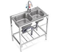 ZQFHSX Fregadero Comercial Independiente para Restaurante, 2 Compartimentos, Doble Lavabo, Acero Inoxidable con Grifo y Estante de Almacenamiento, 80 cm x 45 cm x 85 cm de Alto.