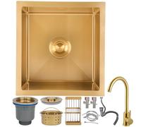 ZQFHSX Fregadero de Acero Inoxidable Dorado de 36x36 cm con un Solo Seno, montado sobre la Parte Superior, con Grifo Dorado, Kit de Drenaje Nano para Bar/preparación, Hecho a Mano en vari
