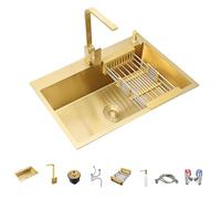 ZQFHSX Fregadero de Acero Inoxidable empotrable con Acabado Dorado Cepillado, Grifo de Agua fría y Caliente, Cesta de Drenaje, dispensador de jabón, Fregadero de Cocina de fácil instalaci