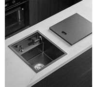 ZQFHSX Fregadero de acero inoxidable texturizado de un solo tazón con tapa oculta, grifo plegable compacto, mini lavabo para isla de cocina, bar, limpieza de verduras (acero negro, 35 x 30 22 cm)