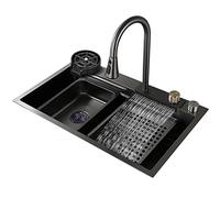 ZQFHSX - Fregadero de cascada de acero inoxidable 304, negro, nano, bar, preparación, tanque único, multifuncional, autocaravana, con grifo y tapones, para empotrar o colocar (color negro-a, dimen