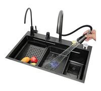 ZQFHSX - Fregadero de cascada de acero inoxidable 304, negro, nano, cocina, un tanque, bar, preparación, multifuncional, autocaravana, con grifo y tapones, para empotrar o colocar (color negro, D