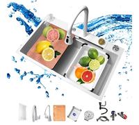 ZQFHSX Fregadero de Cascada de Acero Inoxidable Blanco - 80 x 45 cm - Grifo extraíble - Lavavajillas presurizado - Accesorios completos - Modernización de Cocina y baño