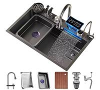 ZQFHSX - Fregadero de cascada de acero inoxidable Om, bandeja única, encimera de cocina con revestimiento Nano, grifo extraíble y lavaplatos, fácil de limpiar (color negro, dimensiones