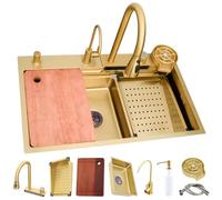 ZQFHSX Fregadero de Cascada Dorado - Fregadero Multifuncional para Cocina, Hecho a Mano, de un Solo Seno, ergonómico, 80 x 45 x 22 cm, Ideal para lavavajillas y Uso doméstico.