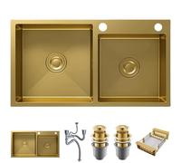 ZQFHSX Fregadero de Cocina, 2 cubetas, 80 x 45 cm, Acero Inoxidable Dorado con Orificios para grifería, Grande para Cocina, empotrable, Incluye Cesta recogegotas, dispensador de jabón y s