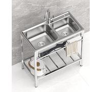 ZQFHSX Fregadero de Cocina Comercial de Doble cubeta Independiente de Acero Inoxidable para Uso Exterior con Grifo de Agua fría y Caliente para lavandería y Restaurante