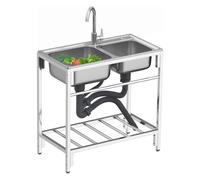 ZQFHSX Fregadero de Cocina Comercial, Juego de Fregadero de Acero Inoxidable con Grifo de Agua fría y Caliente, cubeta Doble, Kit Completo para Cocina, Restaurante y Patio (Plateado, Tama