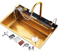 ZQFHSX Fregadero de Cocina con Grifo Cascada, Acero Inoxidable 304, Dorado, Negro y Blanco, Monomando multifunción, Accesorios completos, Dorado-b, 75 x 46 x 22 cm