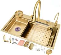 ZQFHSX Fregadero de Cocina con Grifo Cascada, Acero Inoxidable 304, Dorado, Negro y Blanco, Monomando multifunción, Accesorios completos, Dorado, 75 x 45 cm