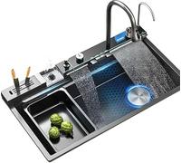 ZQFHSX Fregadero de Cocina con Grifo Cascada, Acero Inoxidable 304, Dorado, Negro y Blanco, Monomando multifunción, Accesorios completos, Negro, 68 x 45 cm