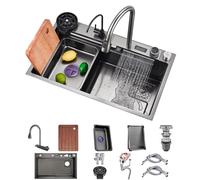 ZQFHSX Fregadero de cocina de acero inoxidable 304 con pantalla digital, cubeta única, grifo y tapones, para empotrar o colocar (color gris antracita, tamaño: 75 x 46 x 22 cm)