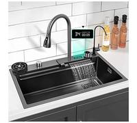 ZQFHSX Fregadero de Cocina de Acero Inoxidable 304, multifunción, con Pantalla Digital, Cascada, monocubo, Barra, Grifo y Sistema de Drenaje, Montaje Superior o Inferior (Color: Negro, Ta