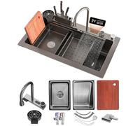 ZQFHSX Fregadero de Cocina de Acero Inoxidable con Cascada, Grifo extraíble, encimera con Revestimiento Nano, Monomando, Accesorios para estación de Trabajo, Lavadora a presión, Tabla de