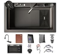 ZQFHSX Fregadero de Cocina de Acero Inoxidable de 85 x 45 cm con Grifo extraíble Digital, Cesta de Drenaje Multifuncional Tipo Cascada, Lavabo, Tabla de Cortar, Limpiador de Tazas y Compo