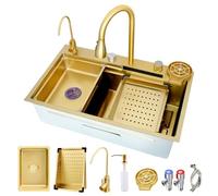 ZQFHSX Fregadero de Cocina de Acero Inoxidable Dorado con Grifo extraíble, Lavabo pequeño, Kit de Lavado y desagüe, Barra de Trabajo con Revestimiento Nano para empotrar, 68 x 45 x 21 cm