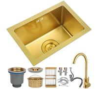 ZQFHSX Fregadero de Cocina de Acero Inoxidable Dorado, Fregadero de un Solo Seno de Montaje Superior de 38x26 cm con Grifo Dorado, Kit de Drenaje Nano para Bar/preparación Hecho a Mano en