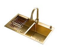 ZQFHSX Fregadero de cocina de doble tazón grande de acero inoxidable dorado para bar y apartamento, para lavavajillas, fácil de limpiar, se adapta al baño del hogar (78 x 43 21 cm)