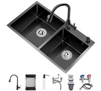 ZQFHSX - Fregadero de cocina (doble bandeja Om, acero inoxidable, con grifo extraíble y conjunto de accesorios completos (color negro, tamaño: 82 x 45 x 21 cm)