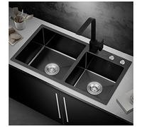 ZQFHSX Fregadero de cocina doble cuba nano negro de acero inoxidable 304, cuadrado, para autocaravana, con grifo y tapón, montaje en plano o bajo plano (color negro-b, dimensiones: 88 x 4