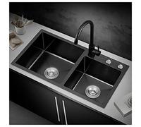 ZQFHSX Fregadero de cocina doble cuba nano negro de acero inoxidable 304, cuadrado, para autocaravana, con grifo y taponado, montaje en plano o bajo plano (color negro-a, dimensiones: 88 x 4