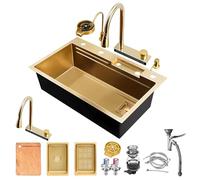 ZQFHSX Fregadero de Cocina Dorado, 80 x 50 cm, 1 cubeta, Fregadero Rectangular de Acero Inoxidable con 5 Orificios para grifería, Cascada Dorada y un Juego Completo de Accesorios.