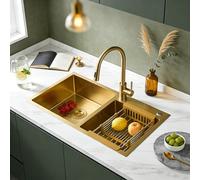 ZQFHSX Fregadero de Cocina Dorado de 80 x 45 cm, Doble cubeta de Acero Inoxidable 304 con nanorrevestimiento, Fregadero de Bar con tapón y colador de desagüe, se Puede Instalar o Colocar