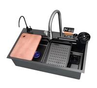 ZQFHSX Fregadero de Cocina empotrable Tipo Cascada, Fregadero Grande con Grifo extraíble, lavavasos, Barra de Acero Inoxidable, Fregadero Individual multifunción con Kit de desagüe inteli