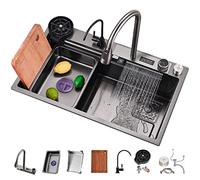 ZQFHSX - Fregadero de cocina en cascada con accesorios, versátil, de acero inoxidable, con cubeta única y doble fijación (color negro, tamaño: 68 x 46 x 21 cm)