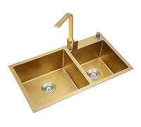 ZQFHSX Fregadero de Cocina. Fregadero Cuadrado de Doble cubeta en Color Oro Cepillado, Acero Inoxidable 304, empotrable o bajo encimera, con Grifo y Kit de instalación. Apto para Bares (C