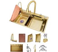 ZQFHSX Fregadero de cocina Gold Nano de acero inoxidable 304, estilo cascada, multifunción, de un tanque, estilo bar/autocaravana, con grifo y tapones, para decoración del hogar (color :