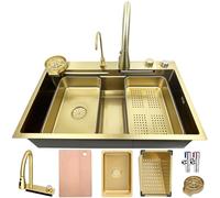 ZQFHSX Fregadero de Cocina Golden de 80 × 45 cm con Cascada, Barra multifunción, encimera con Revestimiento Nano, estación de Trabajo con Grifo retráctil y Juego Completo de Accesorios.