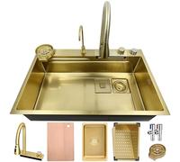 ZQFHSX Fregadero de Cocina Golden Waterfall de Acero Inoxidable de 65 x 50 cm con 1 cubeta, encimera Grande, Grifo extraíble, 2 escurridores, dispensador de jabón y lavavajillas para Vaso