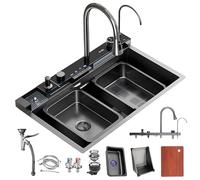 ZQFHSX Fregadero de Cocina, Juego de Fregadero doméstico Nano Waterfall, Lavabo Individual para Verduras, Color Negro-Gris con Grifo extraíble, lavavajillas a presión (Negro, 68 cm/26,7 p