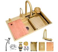 ZQFHSX Fregadero de Cocina, Juego de Fregadero doméstico Nano Waterfall, Lavabo para Verduras, estación de Trabajo Individual, Negro-Gris con Grifo extraíble, Lavadora de Vasos a presión