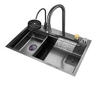 ZQFHSX Fregadero de Cocina monobloque Nano Negro de Acero Inoxidable 304 con Barra Tipo Cascada, Multiusos, Hecho a Mano, para caravanas, con Grifo extraíble de 360° y lavavasos, Montaje