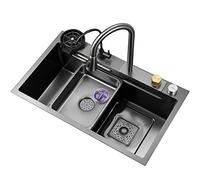 ZQFHSX Fregadero de Cocina multifunción Tipo Cascada de Acero Inoxidable 304, Color Gris, para vehículos recreativos Nano, con Grifo extraíble y lavavasos, para Montaje Superior o inferio